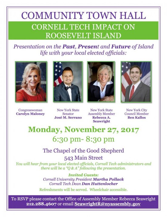Monday, November 27th, Town Hall-Cornell Tech Impact, 6:30 - 8:30 Good Shepherd Community Center Monday, November 27th, Town Hall-Cornell Tech Impact, 6:30 - 8:30 Good Shepherd Community Center