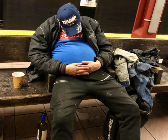We found a Trump supporter in New York City Saturday, 1:00 P.M., a Trump supporter takes a break from the endless campaign in the 34th Street Subway Station.