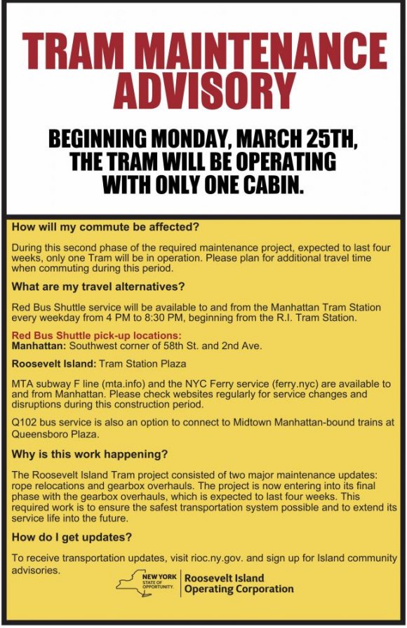 Tram Returns to Single Cabin Service Monday Tram Returns to Single Cabin Service Monday
