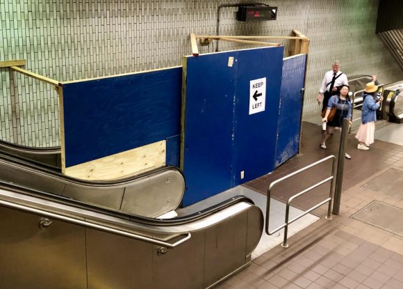 R. I. Subway Broken Escalators, Identity Problems Friday afternoon, both upper level up escalators were down, travelers shuttled to the stairs midway to the street.