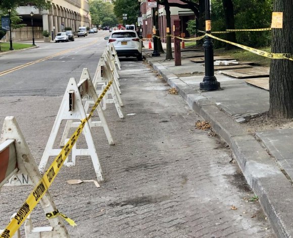 RIOC Plays Ado Annie for Contractor Sidewalk detours leads smack into a parked car. Walking in Main Street is your only option.