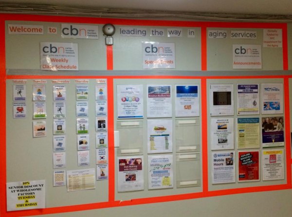 Roosevelt Island's Village of Crime Against Seniors, Part 3 Bulletin Board at CBN/RI Senior Center shows a vigorous lineup of activities.