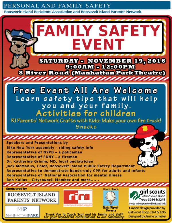 Roosevelt Island Parents' Network Teams Up with RIRA for a Safety Event Graphic by Janine Schaefer for Girls Scout Troops 3244 & 3245