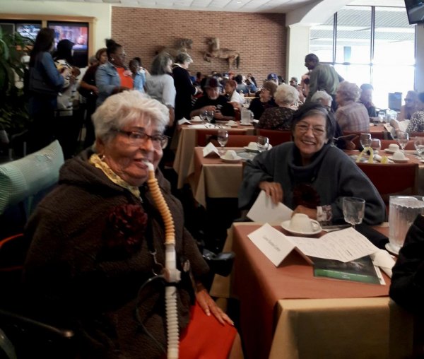 Roosevelt Island Seniors Hit The Road, Thanks To CBN And Anonymous Sponsor Nancy Brown (l) looks like she's in a betting mood at Belmont Park.